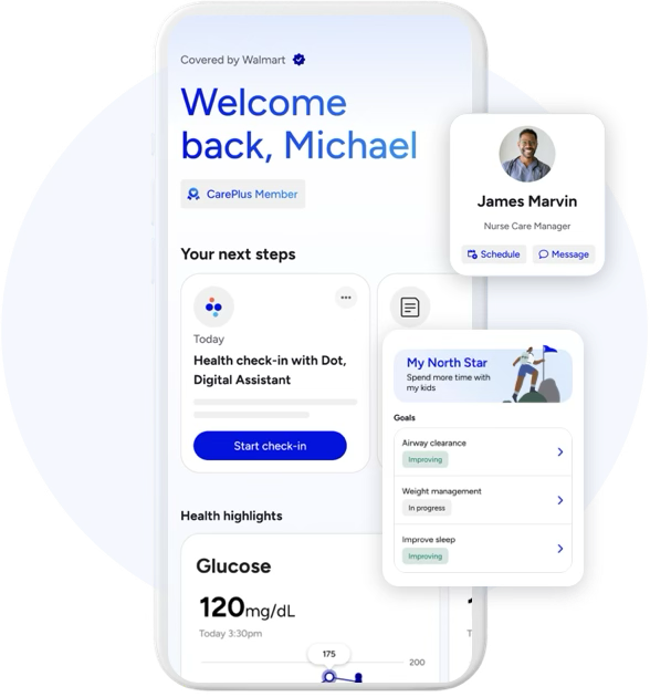 Care Plans for All — the member-facing wellness roadmap showing personalized goals, next steps with Dot the digital assistant, health highlights, and nurse care manager access